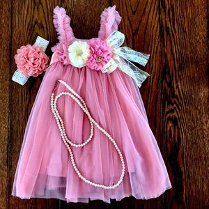 Baby Girl Dusty Pink Tutu Dress with Flower Band & Pearl Necklace